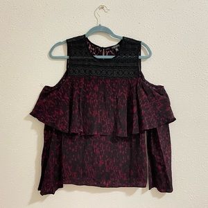 Yigal x Aqua Cold Shoulder Red and Black Floral Lace blouse Top